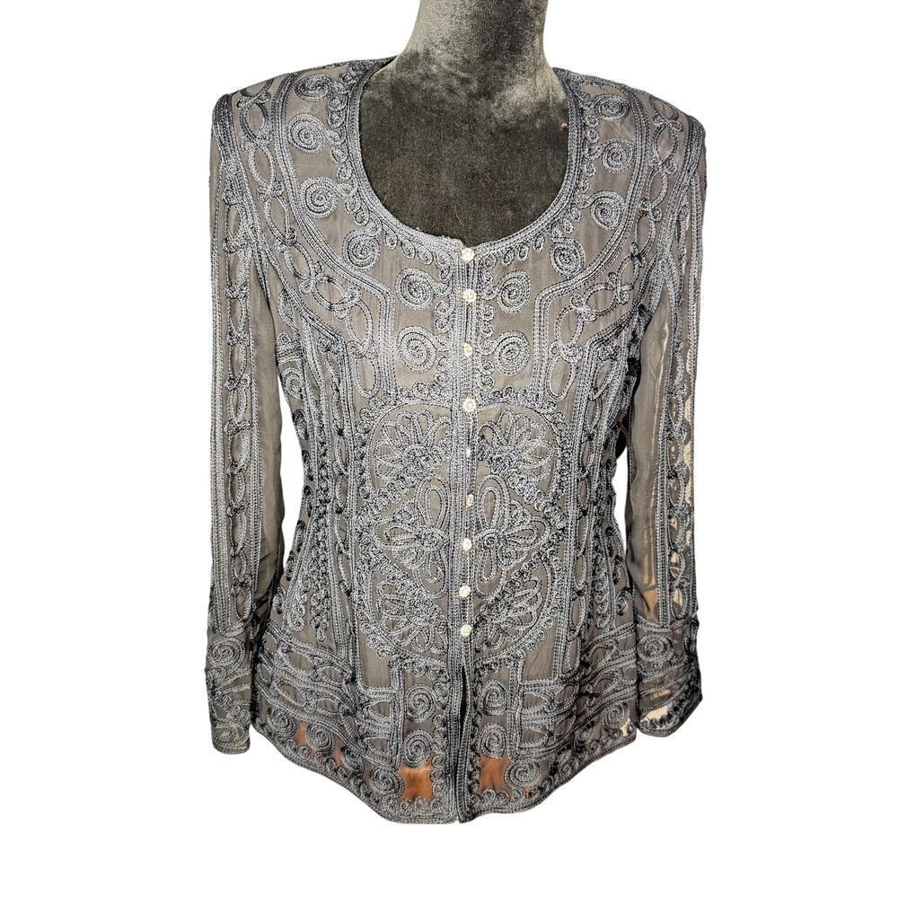 Nordstrom Rack Women's Euro 38 US 8 Black Sheer Applique Jacket/Top Buttons NWT